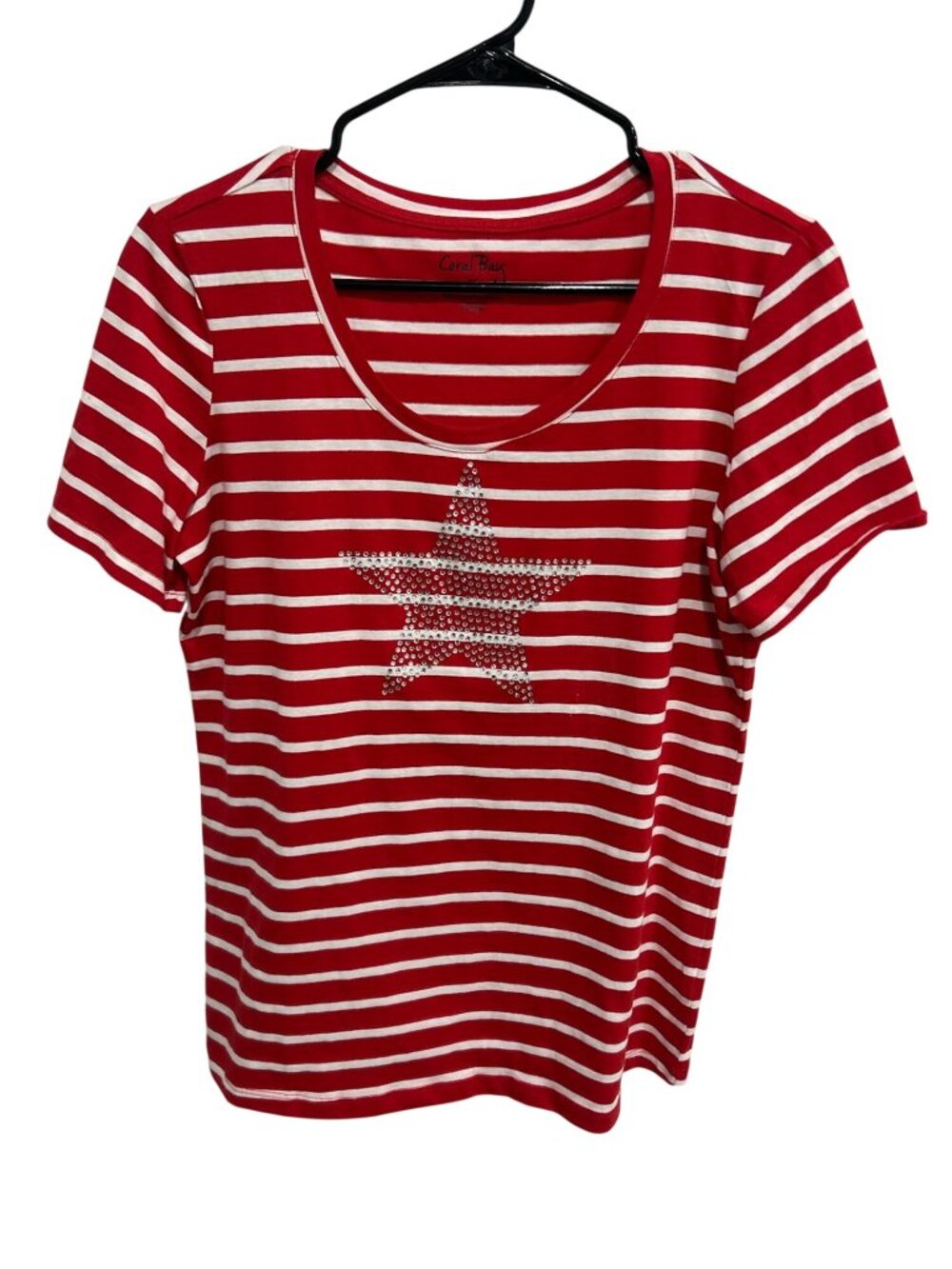 Coral Bay Large Red White Striped Rhinestone Star T-Shirt Americana Coastal